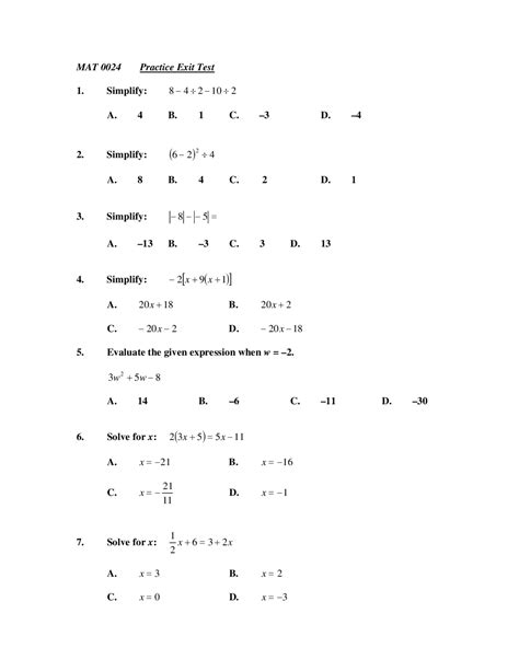 Image result for Example Basic Algebra Test