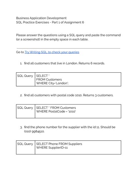 SQL Intro Exercises に対する画像結果