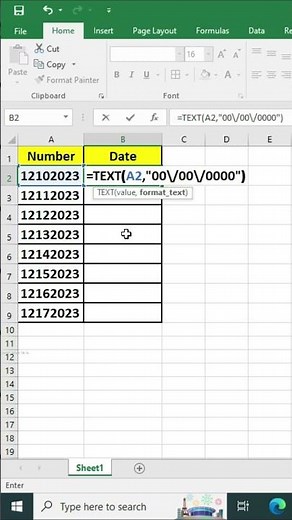 how to change numbers into date format in Excel using the TEXT function