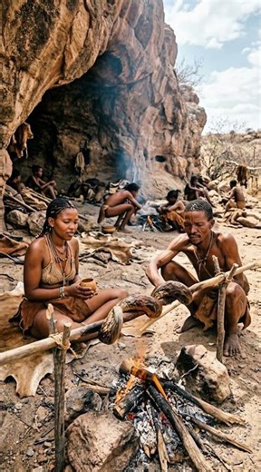 Primitive Python Roast in Cave 🔥 San Tribe Traditional Cooking | Survival Food