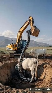 Excavator tries to save cow from danger #excavator #giantpython | Viral page