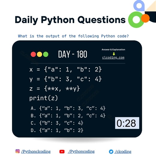 Python Coding challenge - Day 180 | What is the output of the following Python Code? | Python Coding | Facebook