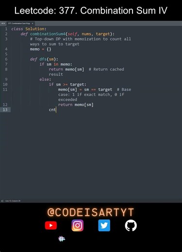 Leetcode 377. Combination Sum IV in Python | Python Leetcode | Python Coding Tutorial | Python ASMR