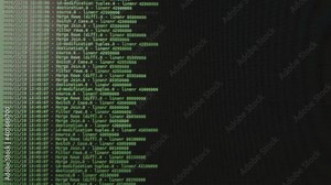 Green computer software code moving on a black monitor. Computer hacking in process, dynamic text running and flowing on pc screen