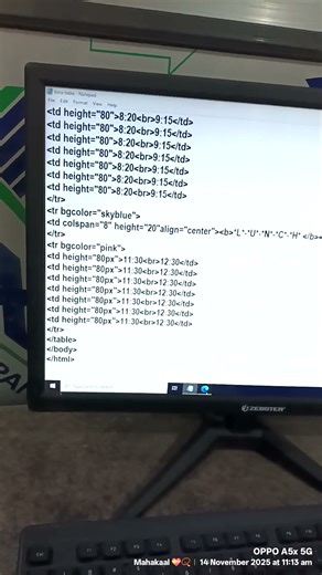 html table coding in time table