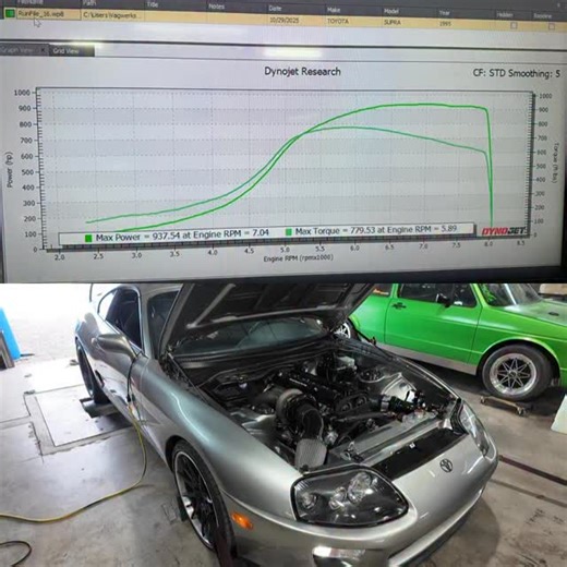 937whp & 779ftlbs at 38psi We have a boost leak, so there is more in it yet! I’ll be back to finish it. Thanks again to @tunedbyshawn you da man! @precisionturbo 68/70 NexGen with .96 v band housing @powerhouseracing turbo kit, Intercooler, valve covers, radiator, etc. @runbc 276 cams, dual valve springs and tartan valve size head package Engine built by @speed_freak_94 @grannas_racing T56 magnum kit & 8.8 rear end @haltech NEXUS R5 ECU @ilanboyzwiring custom wiring harness I know there is way o