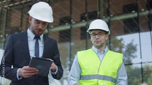 Engineer and Businessman in Hard Hat Walking, Talking, and Using Tablet Computer. Glass Building or Skyscraper under Construction on Background. Shot on RED Cinema Camera in 4K (UHD). Stock Video
