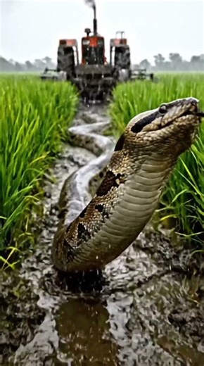 Unbelievable a huge python crawling in front of a tractor. #nature #rivercrab #aquaculture #farming