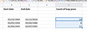 Calculate the number of Leap Years between two dates in Excel