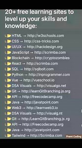 20 Free Learning Sites to level up your skills and knowledge. #coding #webdevelopment✨ #htmlcssjavascript | Premi Coding
