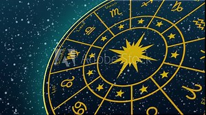 zodiac signs rotating on blue background, sun signs, zodiac