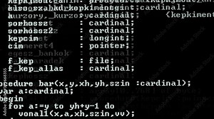 Computer source code scrolling on the screen, character mode console display