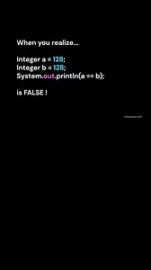 5.6K views · 3.7K reactions | Why? In Java, Integer caching only works for values between -128 and 127. For numbers beyond this range, new objects are created in memory, so a == b compares references, not values. Use .equals() for proper value comparison: System.out.println(a.equals(b)); // true By somebasictech Follow for more Unique Ideas | Unique Ideas | Facebook