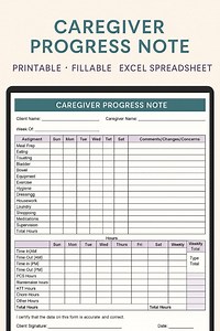 Caregiver Progress Note | Printable Excel Template, Weekly Care Log - Etsy