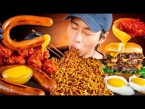 ASMR MUKBANG | Fried Chicken, Black Bean Fire Noodles, Triple Cheeseburger, Sausage |