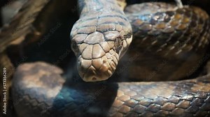 A scaly large reticulated python coiled up in a knot and waits for a victim. A beautiful pattern on the skin shimmers with a rainbow.