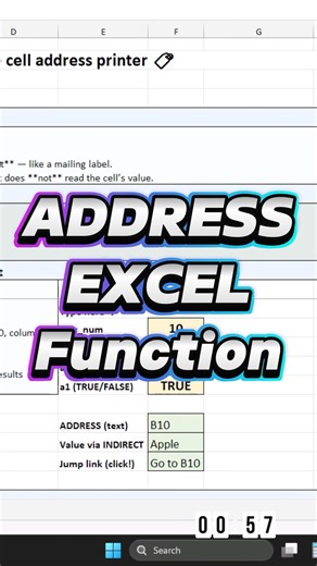 Excel A–Z in 60s: ADDRESS — Cell Address + INDIRECT Explained #Excel #ADDRESS #excelshorts