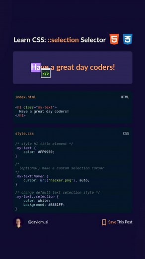 You can use ::selection selector to custom text selection 🚀 Check the implementation with the code 👨‍💻 #csstricks #csstips #css3 #learncss #htmlcss #html5 #codingforbeginners #codeforbeginners #learntocode #learnhtml #learncoding #frontend #frontenddeveloper #webdev #webdeveloper #fullstackdeveloper #programming #programmer #coders #codersoftiktok #coding #software #softwareengineer #365daysofcode