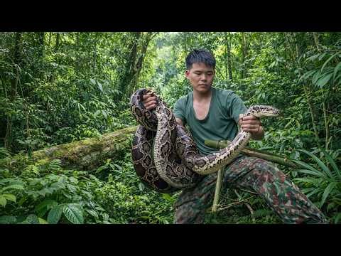 Wild survival skills, building bamboo traps & catching furry animals, facing a giant python