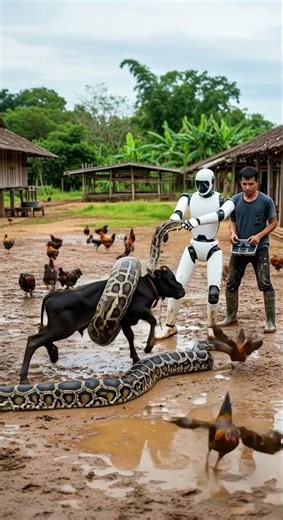 Humanoid robot saves calf from python