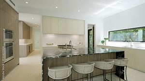 Dining area with four bar chairs standing in row by luxury kitchen aisle in middle of apartment. Functional design with usage of smart space allocation. Concept of comfort