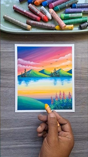 🌟 Sunset Lake Landscape with Oil Pastels | Easy & Beautiful Art Tutorial