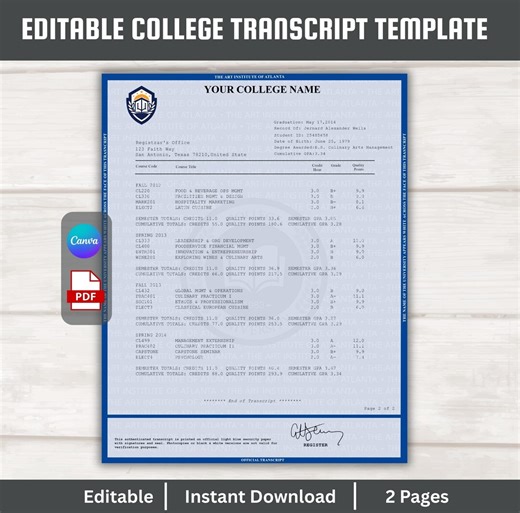 College Transcript Template | Fillable University Academic Record | Higher Education Degree Grade Sheet | Easy to edit