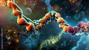 DNA strand in a 3D digital environment with molecular structures