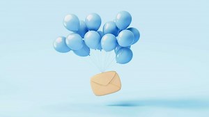 Loop animation of message envelope with balloons, 3d rendering.