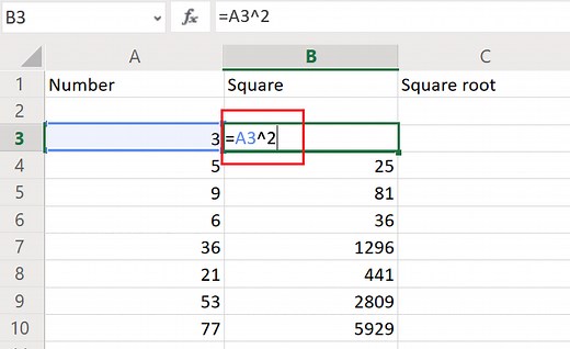 How to find the Square and Square Root of a number in Excel