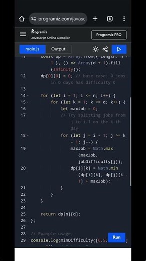 Minimum Difficulty of a Job Schedule | JavaScript Dynamic Programming Tutorial