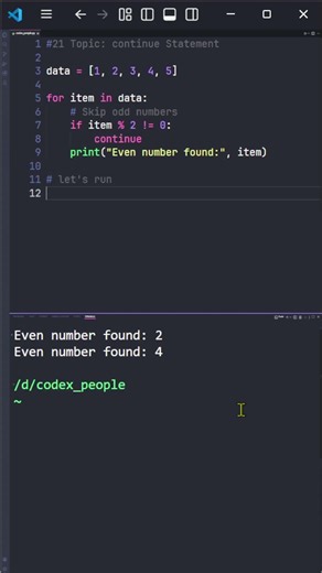[21] Python continue Statement 🔁 Codex People #Shorts #Python #coding #learnpython