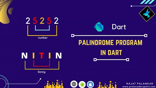 Palindrome program in dart - Check if Number, String is palindrome or not