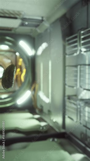 floating alien pod in corridor glowing green bioluminescence, sterile laboratory module with metallic walls and circular light rings, hovering specimen