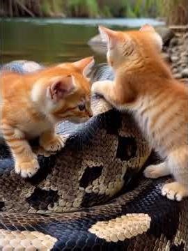 Golden Kittens Play With a Giant Python | Unbelievable Friendship! 🐱🐍