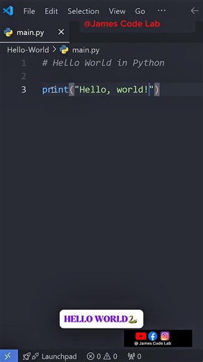 58K views · 905 reactions | Python Tutorial Lesson 1 “Hello, World” Join James code lab telegram channel for more | James Code Lab | Facebook