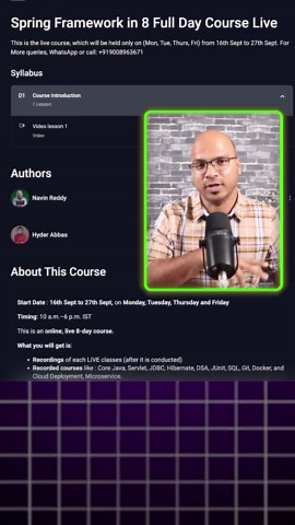 Navin Reddy on Instagram: "Spring framework 8 Full day course live #telusko #java #spring #navinreddy #programming #tech #springframework #development #microservices #"