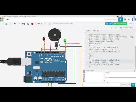 LM35 Temperature Sensor, LED, and Buzzer Interfacing Tinkercad Arduino Tutorial Step by Step Guide