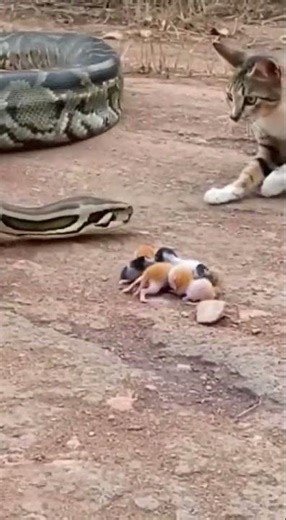 🐱🔥 Mother Cat’s Unbelievable Fight Against a Python to Protect Her Kittens