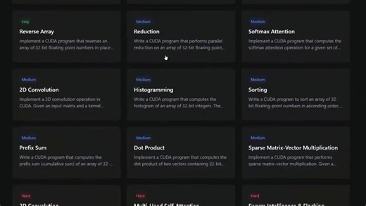 LeetGPU - luyện tập lập trình với CUDA 🔥 LeetGPU là một nền tảng kiểu LeetCode nhưng tập trung vào các bài tập liên quan đến CUDA, giúp bạn vừa luyện code GPU, vừa học kiến thức thực chiến và có thể tham gia thi đấu Link: https://leetgpu.com/ | Việt Nguyễn AI