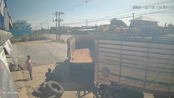 Over-inflated tyre explodes while truck is being repaired