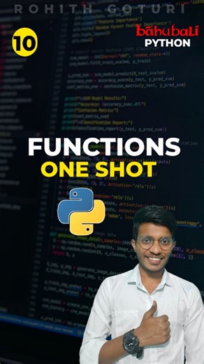 Rohith Goturi on Instagram: "Bahubali Python Part-10 🚀🐍 Function = oka specific pani kosam reusable block of code! Kitchen lo cooker, mixer laga oka work kosam okate tool use chesinattu… Alane Python lo functions use chesi code ni clean, short & reusable ga marchukovachu 😎🔥 Real program examples tho functions ni Telugu lo clear ga explain chesa Python basics strong cheddam — Bahubali style 💪 Python, python telugu, python short series, python in telugu, python explanation in very easy way, p