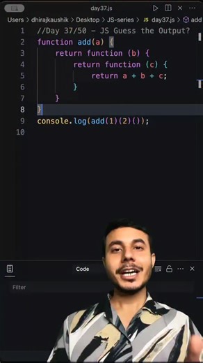 🧠 Dhiraj Kaushik | Full Stack Dev & Tech Creator 👁 on Instagram: "🤯 Day 37/50 — JavaScript Currying Trap Nobody Gets Right 😭 Aaj ka JS question dekh kar 90% log confidently galat answer dete hain… aur jab output dekhte hain na → shock lagta hai! ⚡ Humne code dekha: function add(a) { return function(b) { return function(c) { return a + b + c; } } } console.log(add(1)(2)()); Aapko kya lagta hai output kya hoga? Pause karo… socho… aur comment me batao! 👇 🧠 Dry Run (Ultra Simple): add(1) → ret
