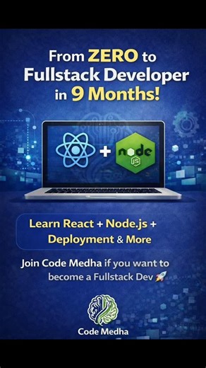 Code Medha on Instagram: "From zero to fullstack devloper in 9 months ! www.codemedha.com [HTML CSS JavaScript TypeScript Bootstrap Tailwind DevTools Git GitHub React native React AWS Mongo DB Azure Express Js Python PostgreSQL UI/UX SQL MERN DeployMent Kubernetes] #codemedha #khammam❤️ #softwareinstitute #viralvideos #fullstackdeveloper"