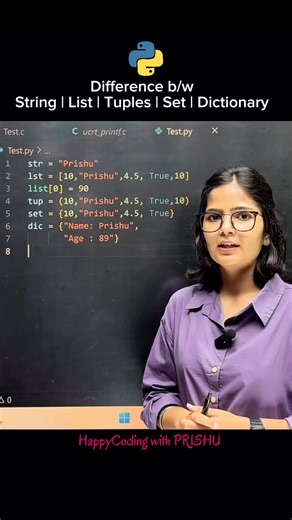 Prishu Gawalia on Instagram: "Difference b/w String | List | Tuples | Set | Dictionary in Python 🐍 Access complete playlist of python on HappyCoding with Prishu YouTube Channel (check highlights for link) #prishu #prishugawalia #happycoding #happycodingwithprishu #python #pythonstring #programming"