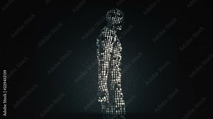 Abstract background with animation walking, running or standing human with surface from flickering binary digits of code. Animation of seamless loop.