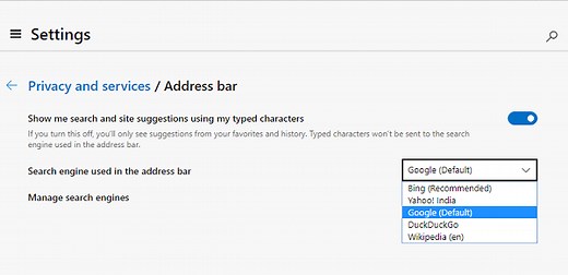 How to change default Search Engine in Microsoft Edge browser