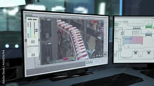 Tech interface controls the industrial lines at the plant. Industrial control tech interface observes food production process. Industrial control tech interface monitoring the products on a conveyor.