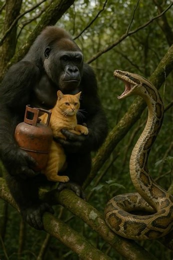A Gorilla Battles a Giant Snake with an Exploding Propane Tank