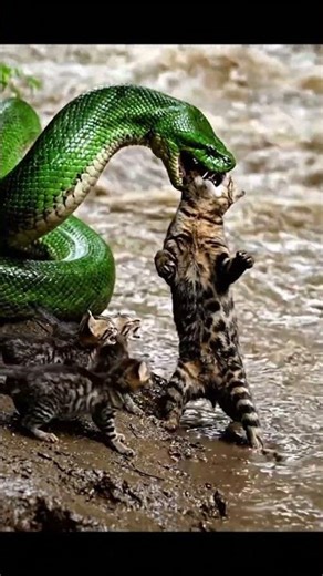 Brave Mother Cat Fights Giant Python To Save Her Kittens